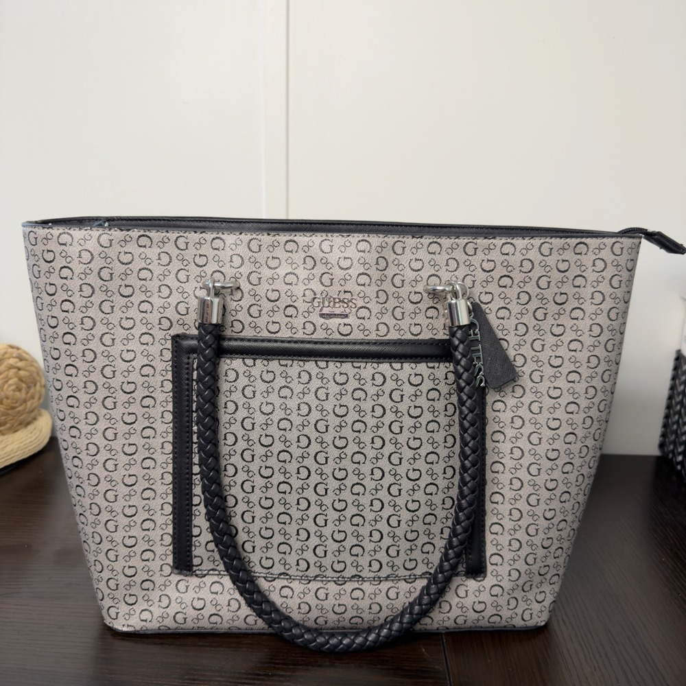 Guess Monogram Logo Tote Bag Grey Black Braided Handle Zip Top Shoulder Bag
